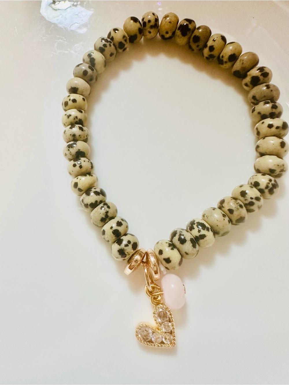 Dalmatian Jasper Beaded Bracelet with Rose Gold Heart Charm and Pink Accent